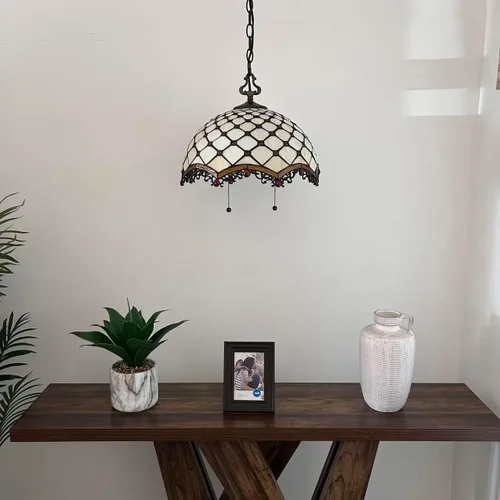 Miniatura 6 de Tiffany - Lámpara colgante con enchufe de cristal beige, bombillas LED incluidas para comedor, sala de estar, 16 pulgadas de ancho x 16 pulgadas
