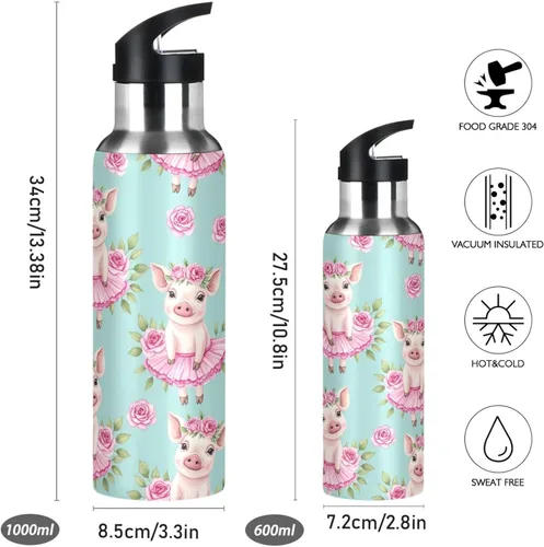 Miniatura 2 de Cute Watercolor Pigs Flower Crowns Insulated Stainless Steel Water Bottle with Straw 20 Oz Leakproof Water Bottles, BPA-Free Sports Water Bottle