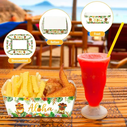 Miniatura 6 de Blulu Paquete de 50 bandejas de papel desechables para decoración de fiestas hawaianas, bandeja para nachos Aloha Nacho, soporte para alimentos