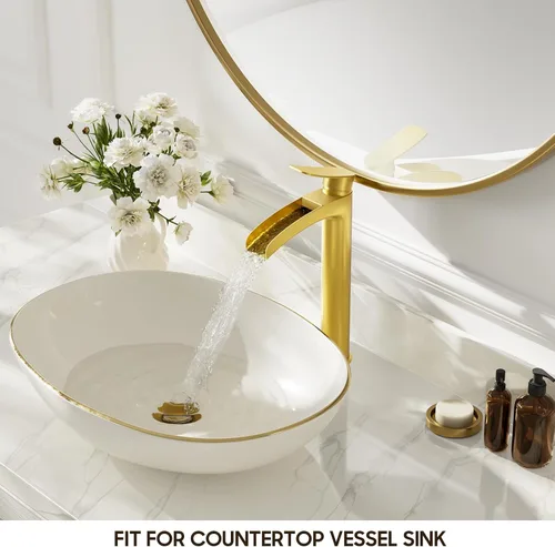 Miniatura 2 de Phiestina NS-SF01-BG-V - Grifo de fregadero alto de baño de oro cepillado, llave única de un solo agujero, cascada moderna, con drenaje desplegable
