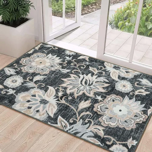 Miniatura 66 de Beeiva Alfombras florales de entrada, lavables para interiores, ultra fina, de 2 x 3 pies, antideslizante, para cocina, tapete de cachemira suave