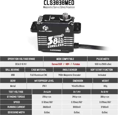 Miniatura 6 de Servo sin núcleo de 83.8 lbs, servo de alto par de torsión de 8.4 V, engranaje de metal completo servo RC con IP67 impermeable y soporte magnético