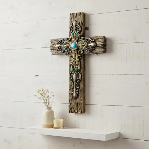 Miniatura 2 de Comfy Hour Cruz de pared de madera sintética rústica de 12 pulgadas con detalles turquesa, placa religiosa victoriana ornamentada, decoración