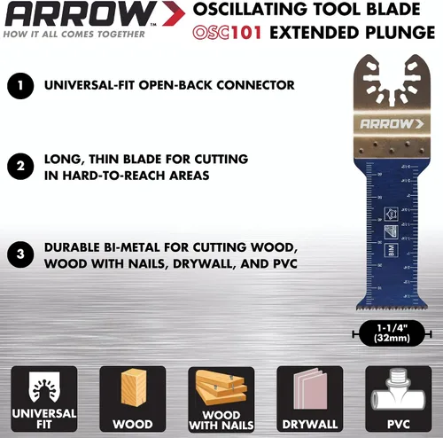 Miniatura 2 de Arrow Fastener OSC101-1 - Hoja de herramienta oscilante de inmersión extendida bimetálica para madera, madera con clavos, PVC, paneles de yeso