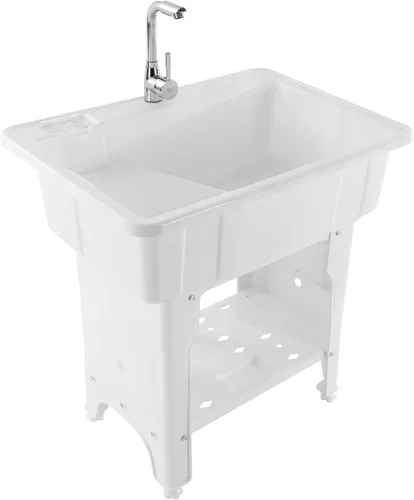 Miniatura 15 de Fregadero de plástico independiente con tabla de lavadero, lavabo para lavandería, lavabo con grifo caliente y frío para garaje, sótano, jardín