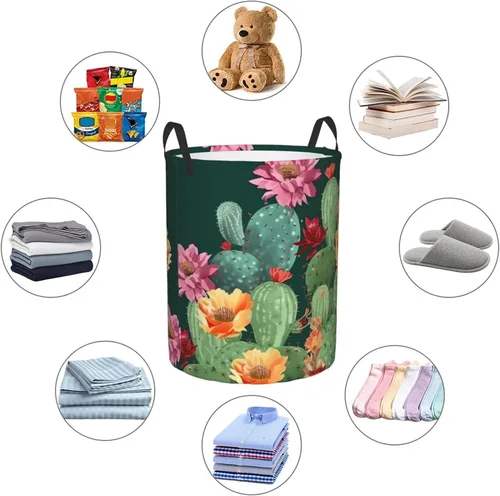 Miniatura 6 de Cesto circular con estampado floral de cactus, impermeable, cesta organizadora de lavandería, con asas, para ropa, juguetes, pequeña
