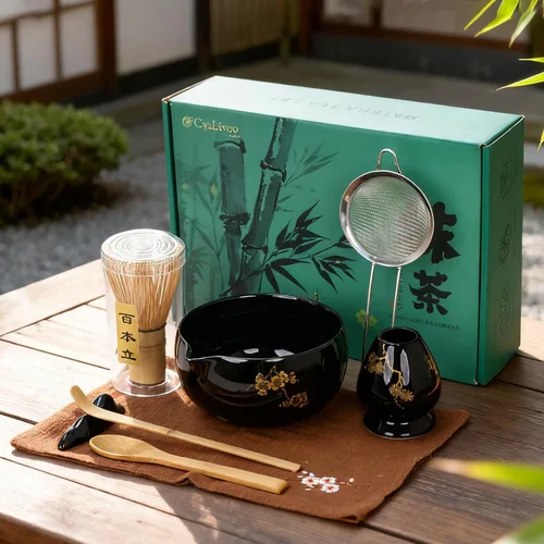 Juego de batidor de matcha, 8 piezas de oro de flor de ciruelo para ceremonia de té japonesa, cuenco de cerámica con boquilla, batidor de bambú,
