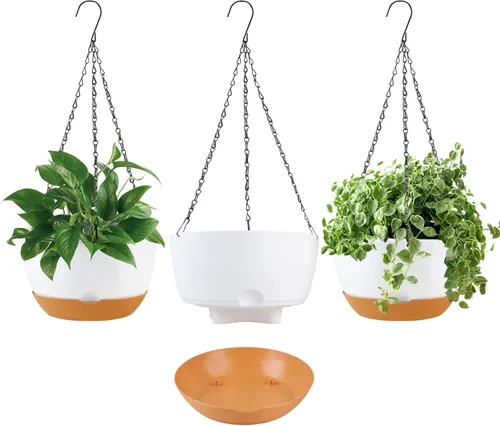 Miniatura 7 de KPUVX Maceta Colgante de 10 Pulgadas, Macetas de Riego Automático para Plantas de Interior, Paquete de 3 Cestas Colgantes de Plástico con Bandeja