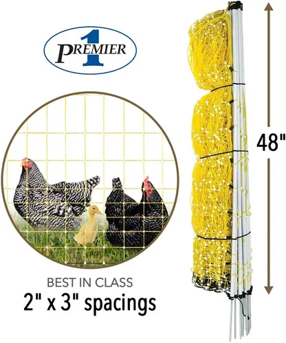 Miniatura 2 de Premier 1 Red eléctrica portátil para pollo con postes incorporados, 48 pulgadas de alto x 164 pies de largo, valla amarilla para aves de corral