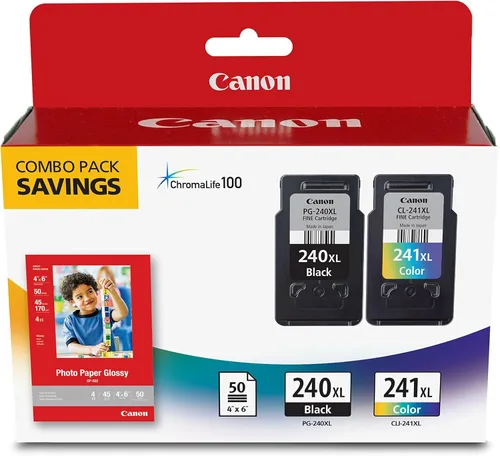 Cartucho para Canon PG-240XL/CL-241XL con papel fotográfico brillante (50 hojas de 4 x 6 pulgadas), Negro, cian, magenta, amarillo