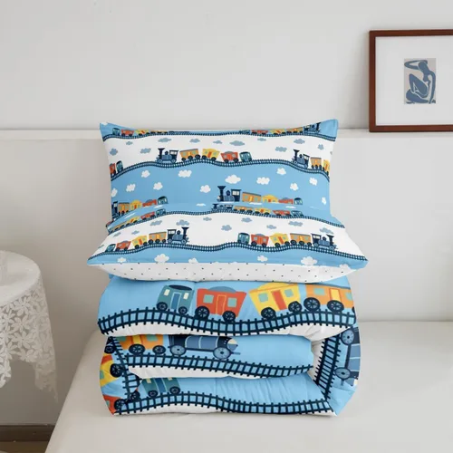 Miniatura 5 de Erosebridal Juego de edredón de tren de locomotora para niños, tamaño individual, lindo juego de ropa de cama con motor de vapor para niños y niñas