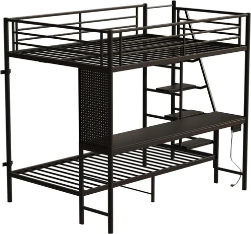 Miniatura 12 de KEIKI Litera Full sobre Twin con Estación de Carga, Cama Alta de Metal con Escritorio & Protector de Seguridad & Escaleras, Marco de Cama de Metal