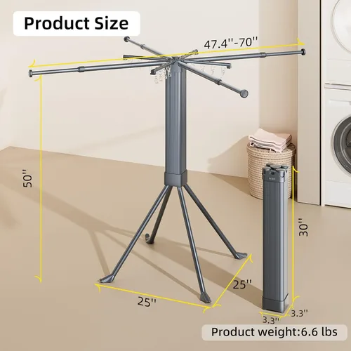 Miniatura 5 de BIREN Tendedero de Ropa Plegable Extensible Tendedero de Lavandería con 16 Clips Tendedero de Ropa Plegable que Ahorra Espacio para Colgar Ropa, Gris