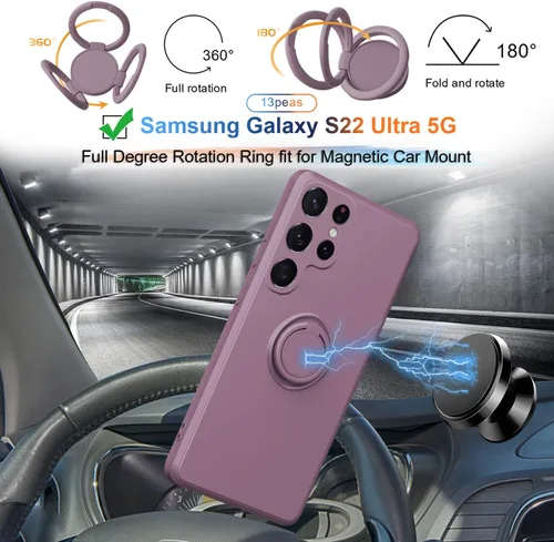 Miniatura 2 de Funda compatible con Samsung Galaxy S22 Ultra (5G 2022 lanzado), silicona con anillo giratorio de 360°, soporte magnético para automóvil, funda