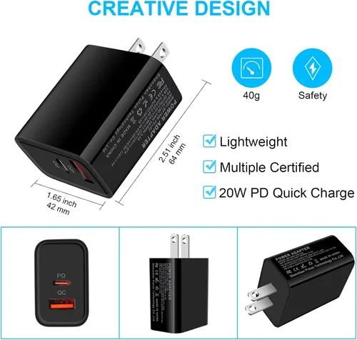 Miniatura 5 de Bloque de cargador USB C, cargador de pared PD de doble puerto de 20 W para iPhone 15 Pro Max/14/13/12/11/Pro/Max, adaptador de enchufe de pared