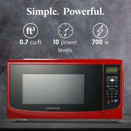 Miniatura 2 de Farberware Horno microondas de encimera de 0.7 pies cúbicos, 700 vatios de potencia, configuración de cocción automática, descongelación, fácil Rojo