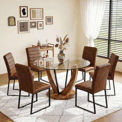 Miniatura 12 de 5-Piece Round Glass Dining Table Set for 4, 48” Modern Dining Room Table with Wood Grain Base, Brown Suede Upholstered Chairs with Black Metal Legs
