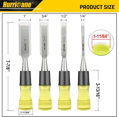 Miniatura 2 de HURRICANE Juego de 4 cinceles de madera para carpintería. Cuchillas de borde biselado de acero CR-V con tapas de seguridad. Agarre extra grande