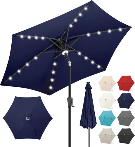 Miniatura 21 de FLAME&SHADE Sombrilla de patio con luz solar de 7.5 pies, 24 luces LED, sombrilla para exteriores con luz envolvente central, sombrilla de mesa