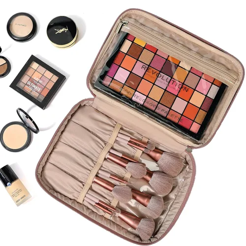 Miniatura 7 de NISHEL Bolsa de Maquillaje de Viaje Grande de Doble Capa para Mujeres, Estuche Cosmético, Organizador para Accesorios de Tamaño de Viaje, Botellas