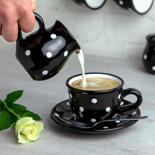 Miniatura 6 de Juego de tetera de cerámica de lunares blancos y negros hechos a mano, tetera grande de 1,7 l/60 onzas, 4-6 tazas, jarra de leche, azucarero, juego