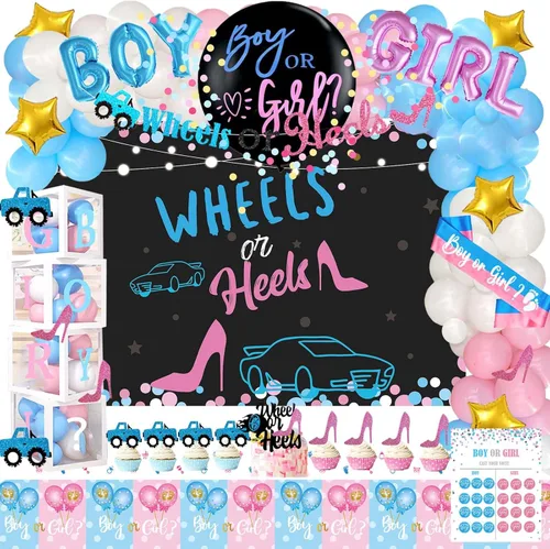 Miniatura 8 de Hombae - 170 piezas de decoraciones para revelación de género “cajas de bebé”, con fondo, guirnalda de globos, pancarta, mantel