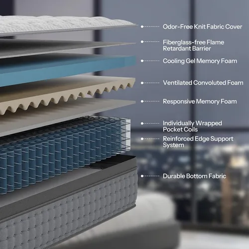 Miniatura 3 de Colchón híbrido completo de 10 pulgadas, fabricado en Estados Unidos, capa superior hipoalergénica, espuma viscoelástica de gel refrescante