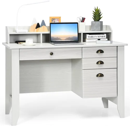 Escritorio para computadora con cajones y gabinete, escritorio de madera para oficina en casa con estantes de almacenamiento, estación de trabajo de