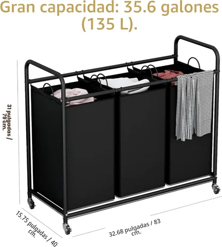 Miniatura 4 de LINZINAR Cesta de lavandería de 3 bolsas para organizar la lavandería, con ruedas enrollables y bolsas extraíbles (negro)