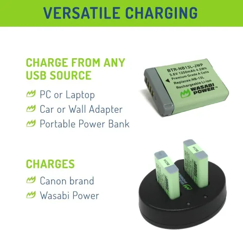 Miniatura 6 de Wasabi Power Batería (paquete de 2) cargador dual para Canon NB-13L, PowerShot G1 X Mark III, G5 X, G5 X Mark II, G7 X, G7 X Mark II, G7 X Mark III