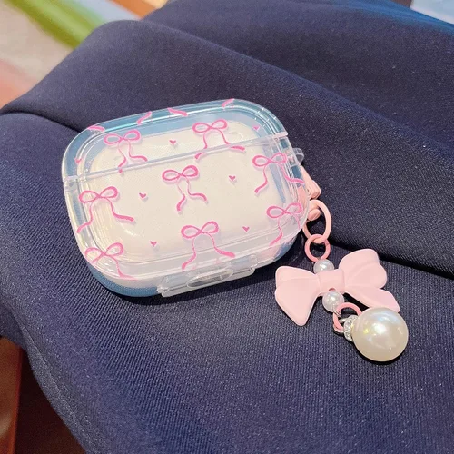 Miniatura 6 de MINSCOSE Funda para AirPods Pro de 2ª/1ª generación, diseño de corazón con lazo de cinta femenina con bonito llavero de perla, funda protectora