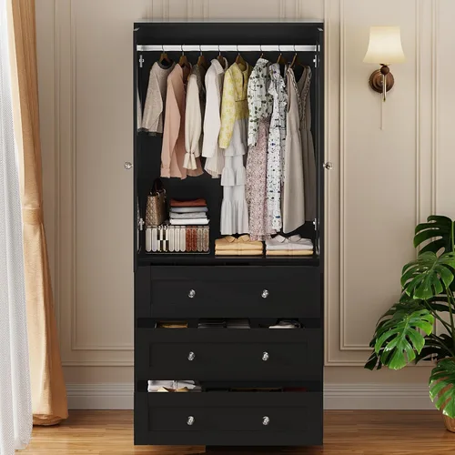 Miniatura 6 de VOWNER Armario Clóset con Cajones y Espejo, Gabinete de Almacenamiento de Ropa de 71" con Barra Colgante, Armario de Dos Puertas de Madera