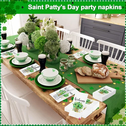 Miniatura 7 de Outus 100 servilletas del día de San Patricio, tréboles de bienvenida, toallas de papel para invitados, toallas de mano verdes, tréboles