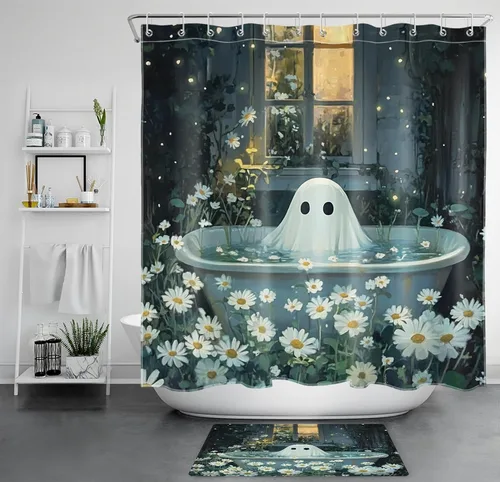 Miniatura 31 de HVEST Cortina de ducha de Halloween, linterna de calabaza y gnomo, cortina de ducha de baño, cortina de ducha de murciélago y araña, decorativa