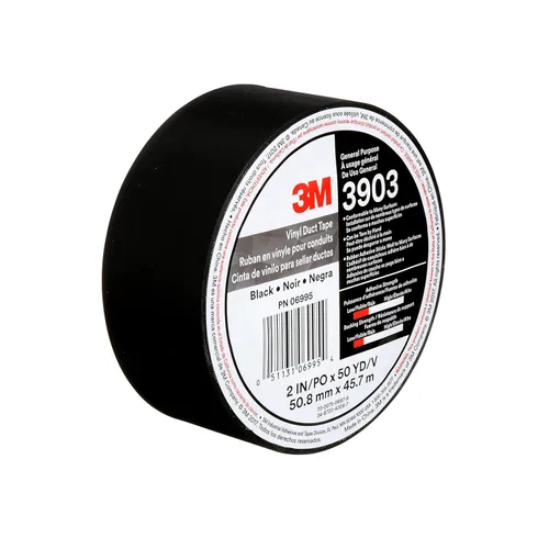 3M Cinta adhesiva de vinilo 3903, color negro, 2 in x 50 yardas, 7.3 mil, envuelta individualmente convenientemente empaquetada