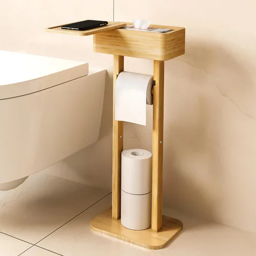 Wealone Soporte de papel higiénico 4 en 1 con estante de almacenamiento, 360° rotativo Bambú, rollo de papel higiénico independiente, dispensador de