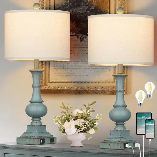 Miniatura 12 de 27" Tall Table Lamps for Living Room, 3-Way Dimmable Touch Control Farmhouse Vintage Table Lamps Set of 2 with USB C+A Ports and AC Outlets, Rustic