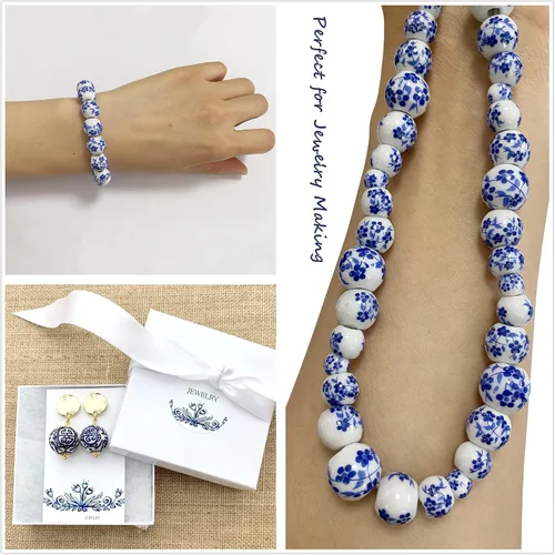 Miniatura 2 de Cuentas redondas de porcelana de cerámica para hacer joyas, tamaños surtidos de 0.236 in, 0.315 in, 0.394 in, 0.472 in, total de 80 cuentas Azul