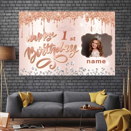 Miniatura 7 de Cartel personalizable de oro rosa para decorar el primer cumpleaños con nombre y foto MGJB-NLK-1er