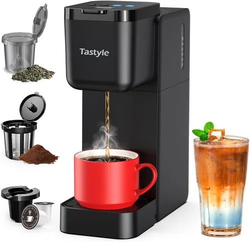 Tastyle Cafetera de una sola porción para taza K, hojas molidas y de té, máquinas de café caliente y helado con ajuste atrevido, tamaños de