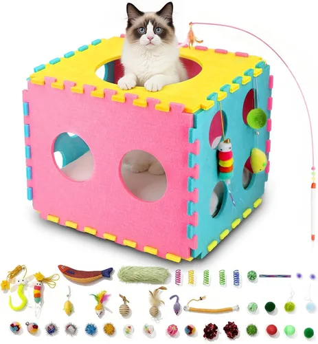 41 Piezas Juguetes Interactivos para Gatos de Interior, Juguetes para Gatitos con Bonita Cama Casa para Gatos, Juguetes de Hierba Gatera, Cuerda