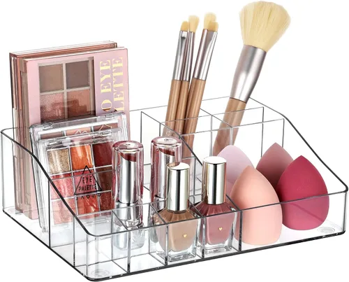 Vtopmart - Organizador de maquillaje de plástico transparente de 1 nivel con cajón, almacenamiento de cosméticos para encimera de tocador y tocador