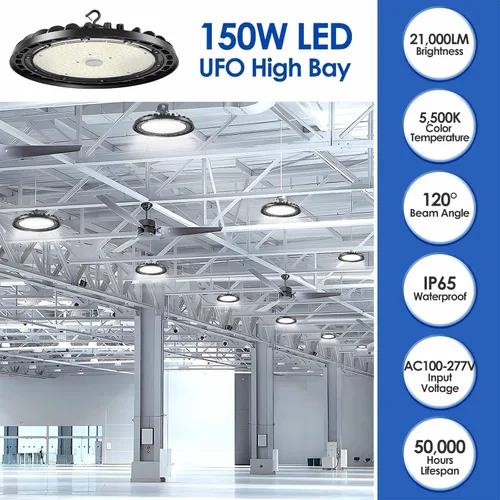 Miniatura 9 de Paquete de 4 luces LED de alta bahía de 150 W, 10 pulgadas, UFO comercial con enchufe para garaje, tienda, almacén, taller, 150 W, 5000 K, 21000 lm