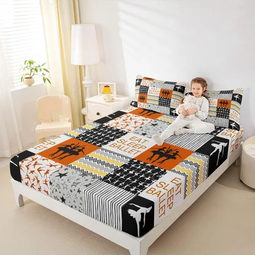 Miniatura 13 de Sábana bajera ajustable de ballet para niñas, juego de ropa de cama de ballet para danza de ballet, sábanas de cama con rayas geométricas onduladas