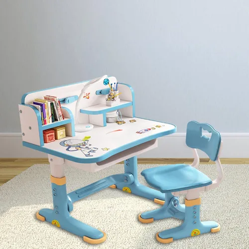 Miniatura 8 de Juego de escritorio y silla para niños, escritorio de estudio ajustable en altura, diseño dorado que previene la miopía, escritorio de estudio