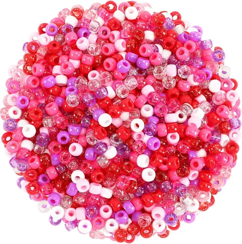 UPINS Cuentas de pony para el día de San Valentín, 1200 piezas de cuentas de plástico redondas de colores rosa, rojo, púrpura y brillantes para