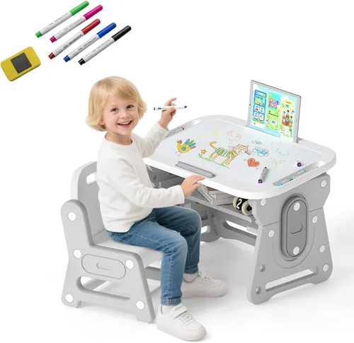 Miniatura 11 de Costzon - Juego de mesa y silla para bebé, escritorio de actividades de plástico con pizarra, bolígrafos de acuarela, borrador de pizarra y estante