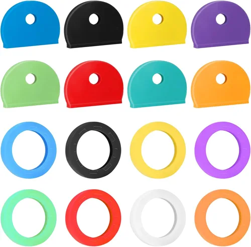 Vibit Paquete de 16 etiquetas de plástico coloridas para llaves y cubiertas de identificación para llaves estándar de casa plana, 2 estilos