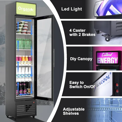 Miniatura 2 de Refrigerador comercial de bebidas, refrigerador de 7 pies cúbicos pequeños delgados de una sola puerta de vidrio con estantes ajustables de luz LED