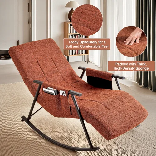 Miniatura 6 de VECELO Mecedora de respaldo alto con reposapiés, mecedora reclinable tapizada de peluche, cómodo sillón acolchado, bolsillos laterales extraíbles